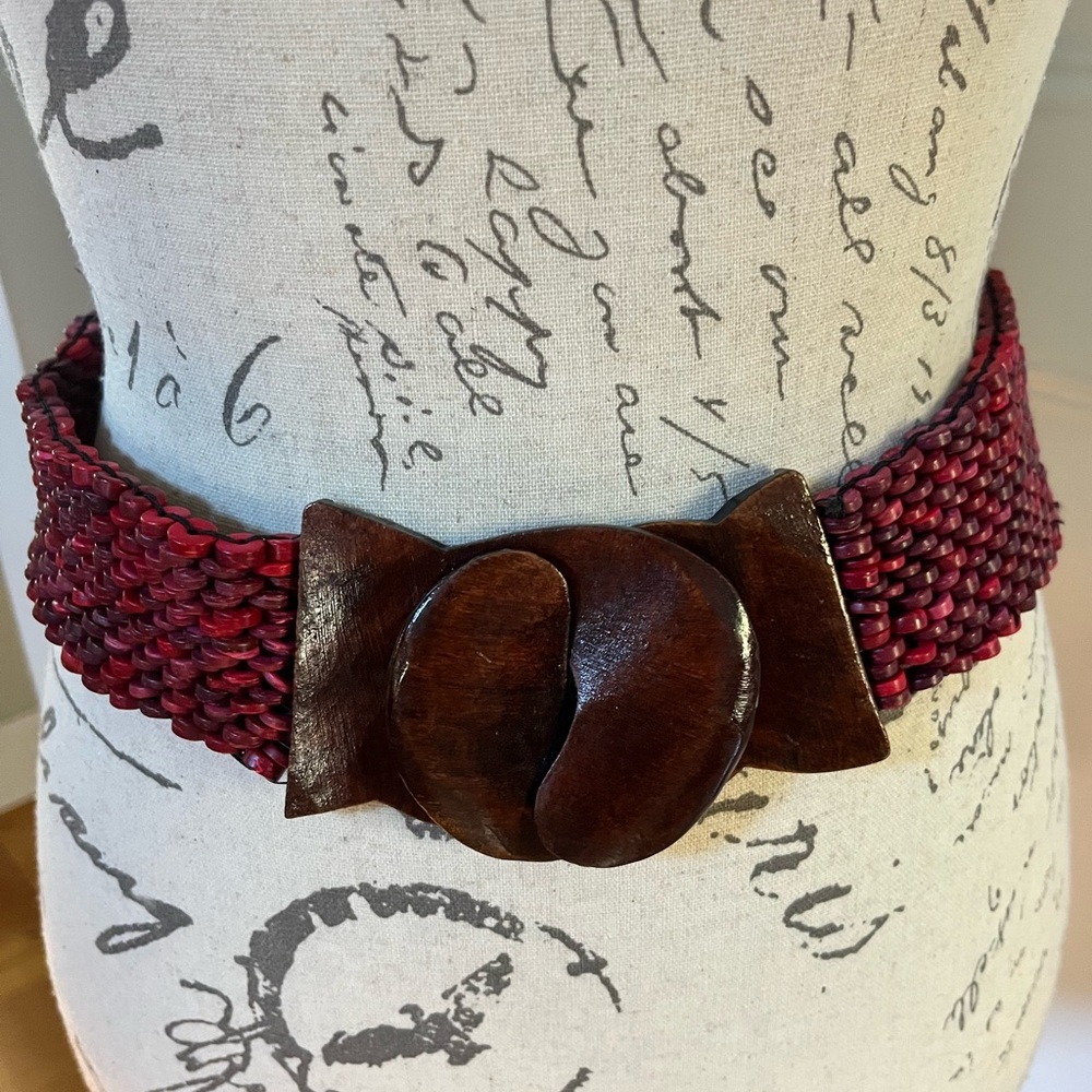 Vintage Boho Burnt Red Stretch Belt with Wood Beads and Interlocking Buckle.